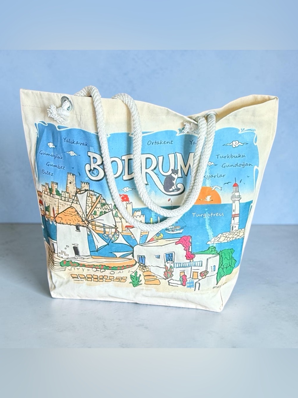 Canvas Tote Yarn Rope Handles Graphic of Turkish Seaside Resort Town